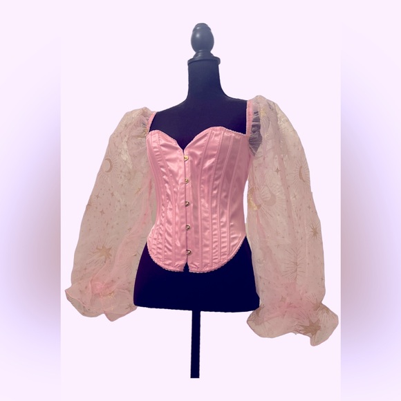 Sugar Thrillz Pink Satin Boned Corset with Long Sheer puffy sleeves Halloween - Picture 1 of 5